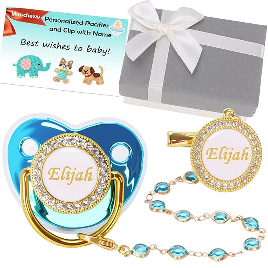 Custom Pacifier with Name, Personalized Pacifier Set with Gift Box, Glitter Crystal Luxury Bling Soother Dummy Ideal Gift for Boys Baby Shower Birthday Christmas Newborn Photography(Blue)