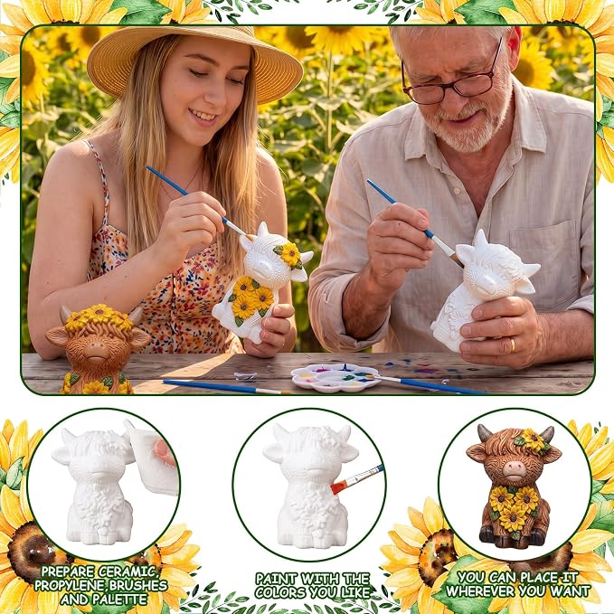 Hollowfly 2 Pack Ready to Paint Your Own Sunflower Highland Cow Statue Spring - Image 5