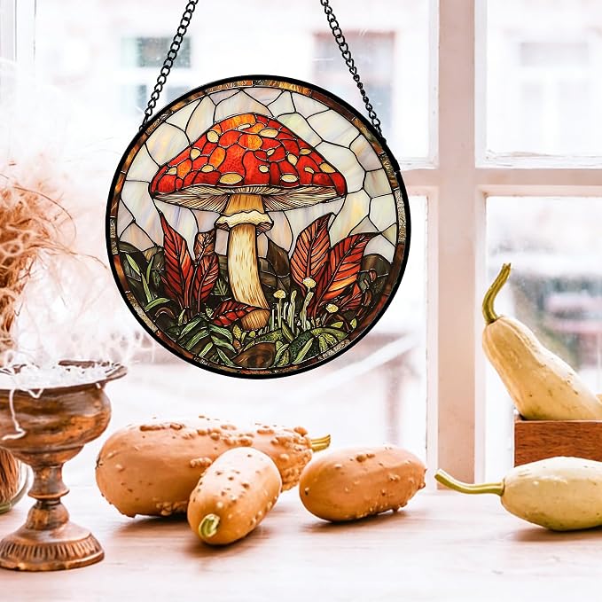 DASTOLL Stained Glass Window Hanging, Big Red Mushroom Suncatcher - Image 6