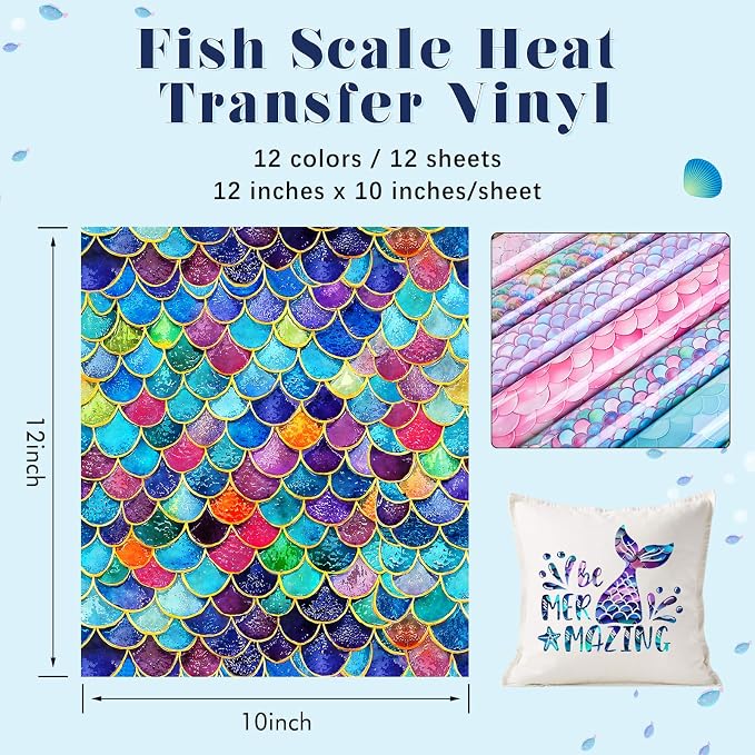 HTVSTD Fish Scale HTV Heat Transfer Vinyl 12 Sheets 12×10in Iron on Vinyl | - Image 2