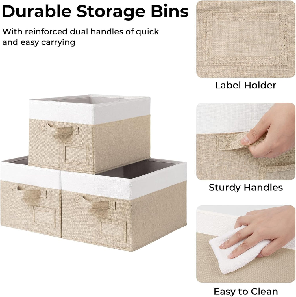 GRANNY SAYS Storage Baskets for Organizing, Fabric Storage Bins for Shelves, Closet Storage Boxs, Clothing Storage and Organization, Decorative Storage Bins, Khaki&Ivory, Large, 3-Pack