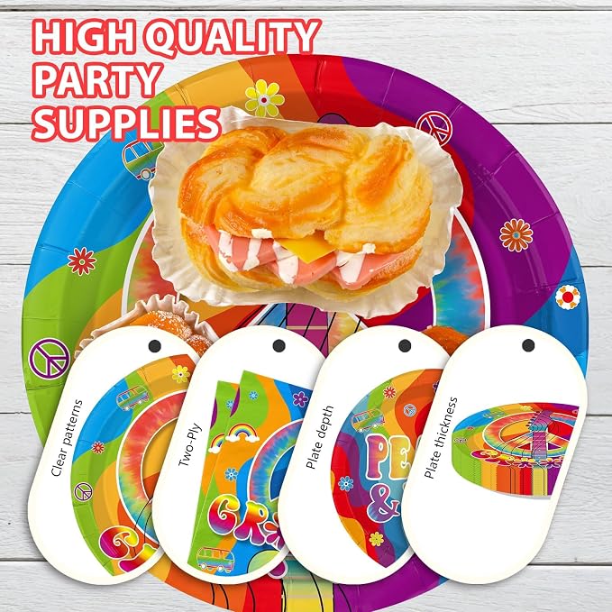168Pcs Hippie Party Supplies for 60s 70s Hippie Theme Serves 24 | Rainbow Retro - Image 4
