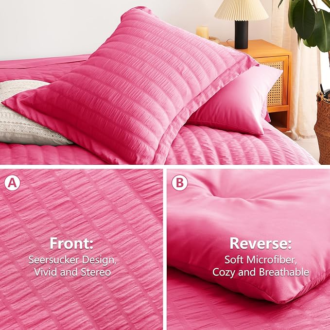 CozyLux Queen Comforter Set Hot Pink Seersucker 7 Pieces Bed in a Bag Queen - Image 4