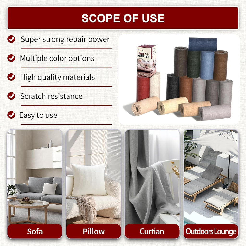 Linen Repair Tape 4x79 inch, Self Adhesive Fabric Patches, Linen Patch Tape Kit, Fabric Repair Tape for Couch Sofas, Headboards, Chairs, Pillows, Curtains, Couches - Brown