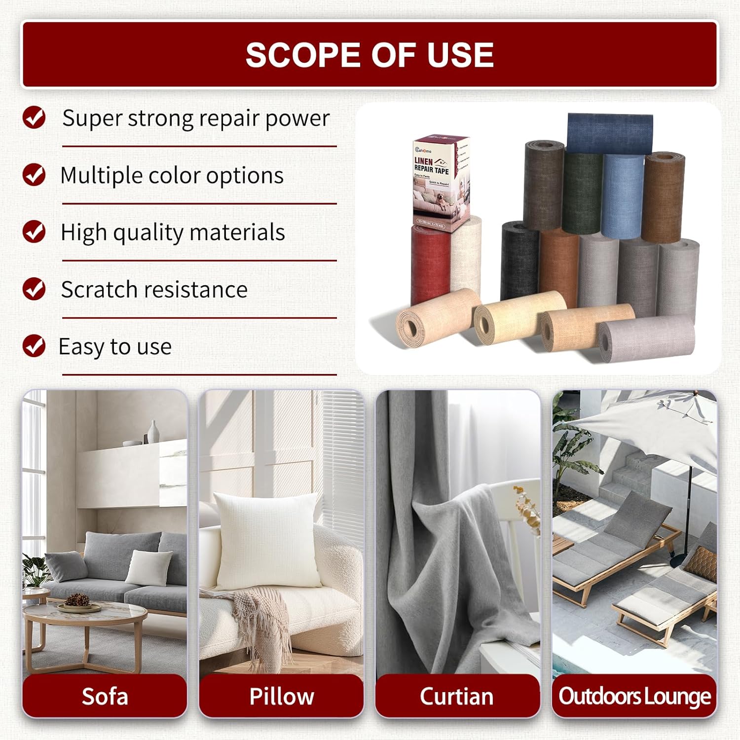 Linen Repair Tape 4x79 inch, Self Adhesive Fabric Patches, Linen Patch Tape Kit, Fabric Repair Tape for Couch Sofas, Headboards, Chairs, Pillows, Curtains, Couches - Dark Red