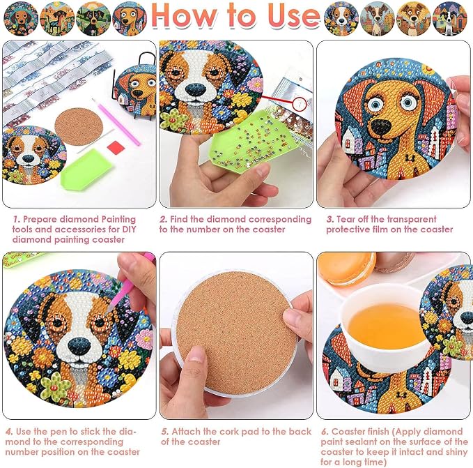 ijbnhd 8 PCS Dog Diamond Art Coasters Diamond Painting Coasters | Diamond - Image 6