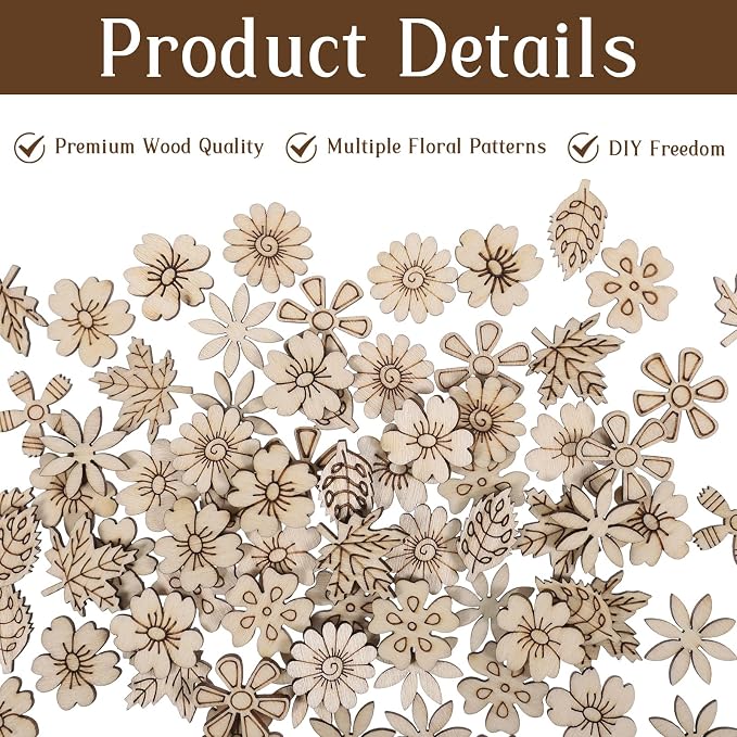 100 PCS Unfinished Wood Flowers Wood Slice Leaf Pattern Cutouts Mini Wooden - Image 3