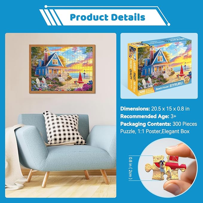 300 Piece Jigsaw Puzzle for Adults – Charming Beach House, Sailboat & Playful - Image 6