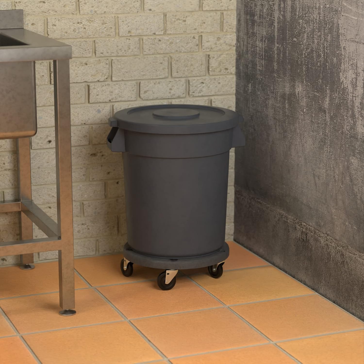 20 Gallon Gray Round Commercial Trash Can with Lid and Dolly