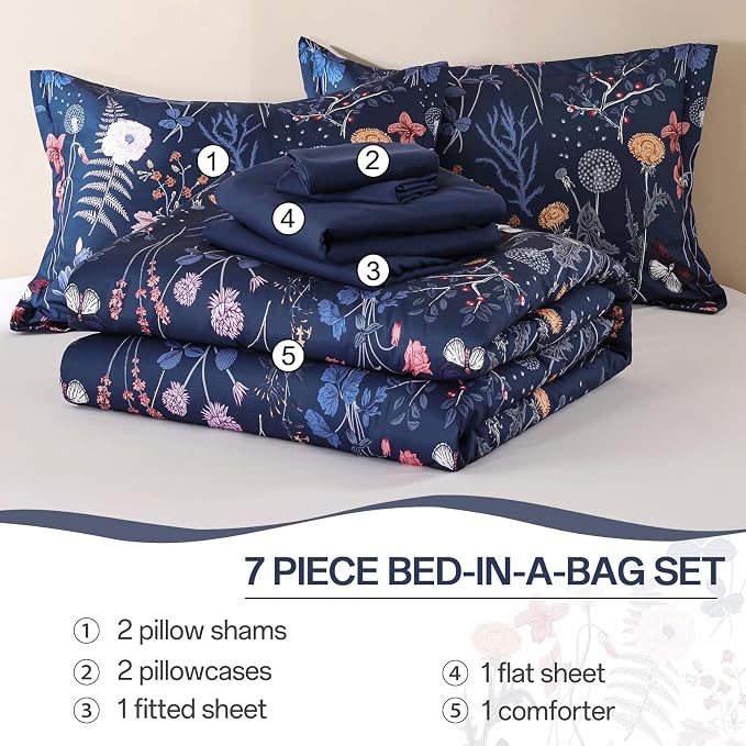 Yiran Queen Comforter Set, 7 Pieces Navy Blue Floral Soft Bedding Sets - Image 8