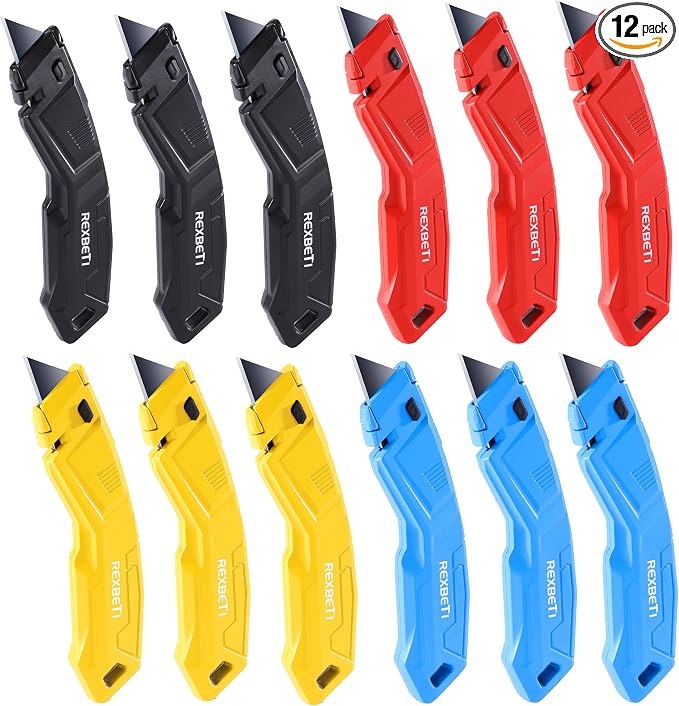 REXBETI 12 Pack Utility Knife Retractable Box Cutter, 4 Color Heavy Duty by REXBETI