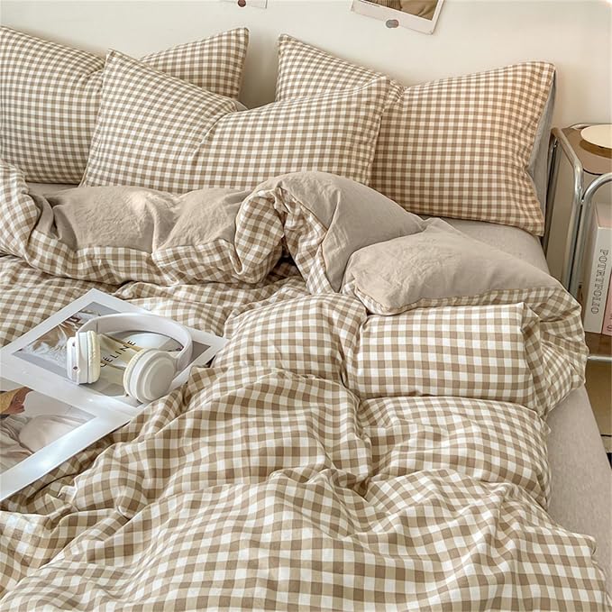 Nayoroom Gingham Duvet Cover Queen Size Brown Tan Plaid Checkered Comforter - Image 4
