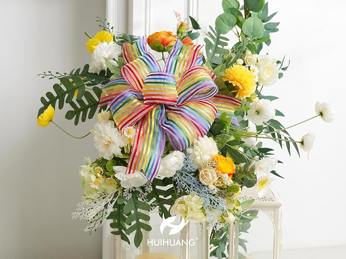 HUIHUANG Rainbow Stripe Sheer Wired Ribbon 2.5 inch Multi-Colored Stripes Wire - Image 7