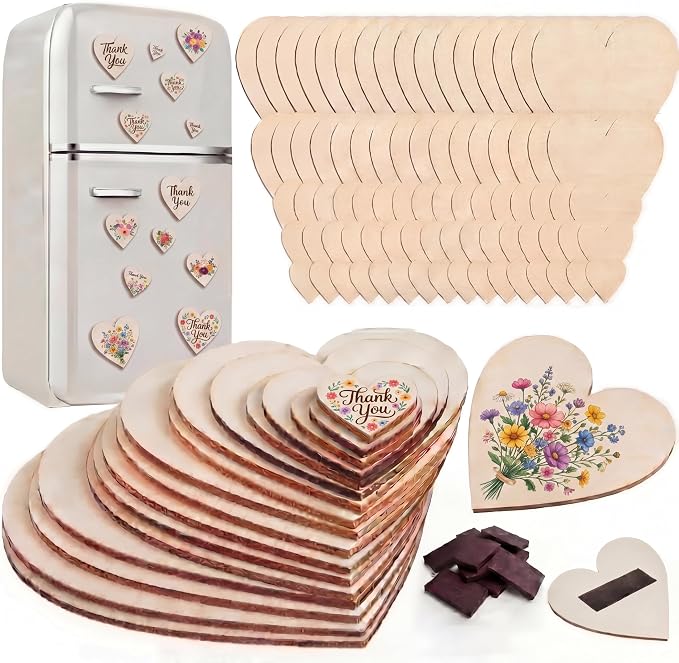Qunclay 80 Pcs 5 Sizes Wooden Heart Magnets by Qunclay