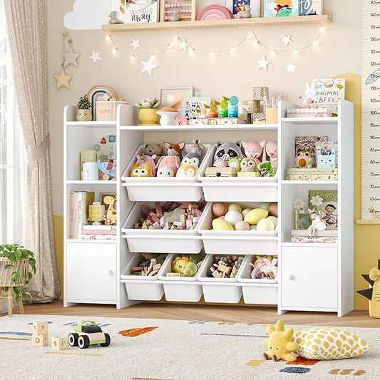 FOTOSOK 55''Large Toy Storage Organizer with 8 Toy Bins, Toy Organizers and Storage with Shelf and 6 Storage Cubbies, Bookshelf for Kids, Playroom Organization and Storage Bins, White