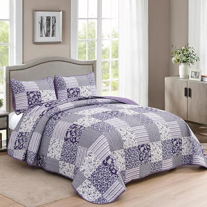 Mybedsoul Purple Quilt Set Full Size, 3 Pieces Plaid Floral Bedspread Set - Image 2