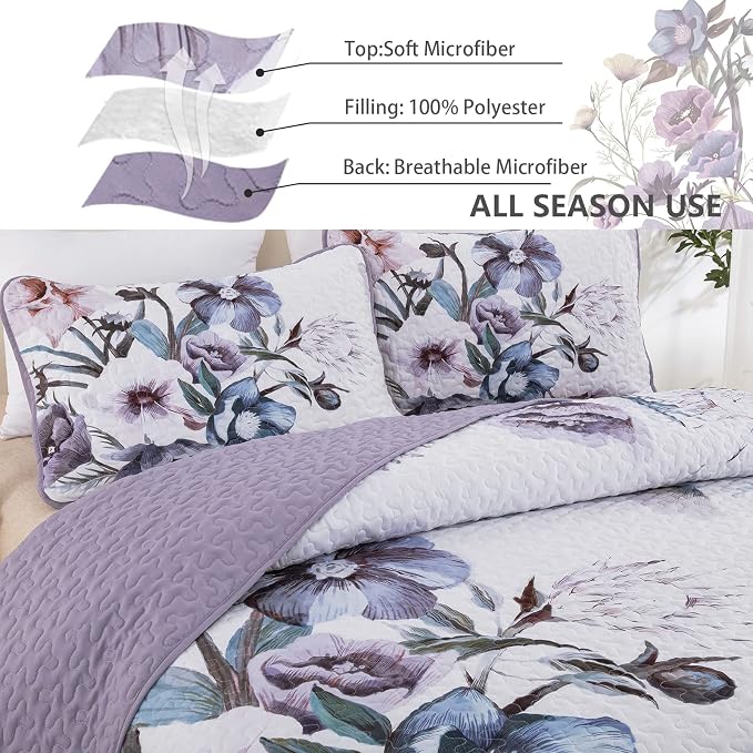 Drucon Purple Floral Quilt Set Queen Size 3 Pieces Purple Botanical Flower - Image 6