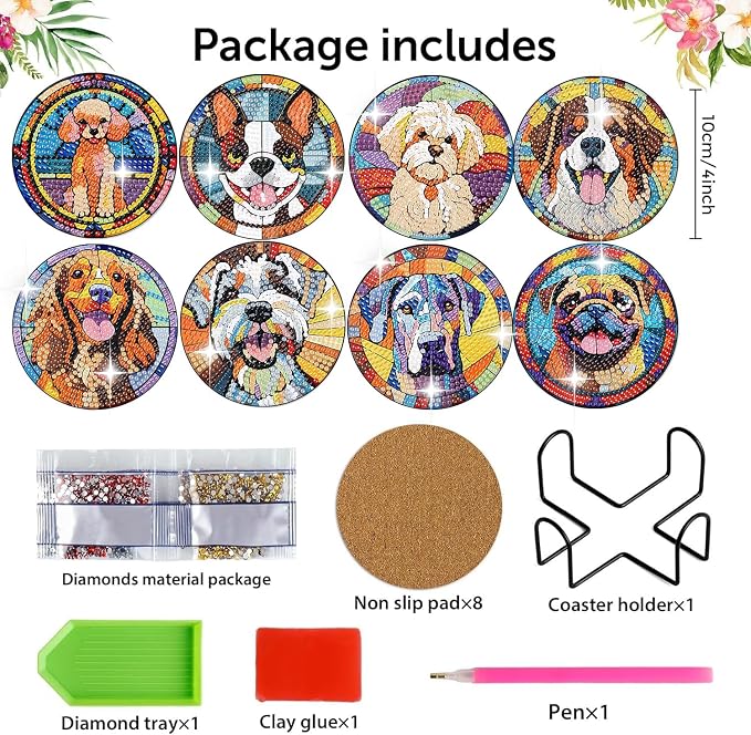 Zythron 8 Pack Dog Diamond Art Coasters, Diamond Painting Coasters Kits | Dog - Image 2