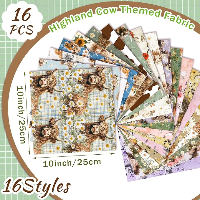Tudomro 16 Pcs 10 x 10 Inch Highland Cow Quilting Fabric Square Cow Precuts - Image 2
