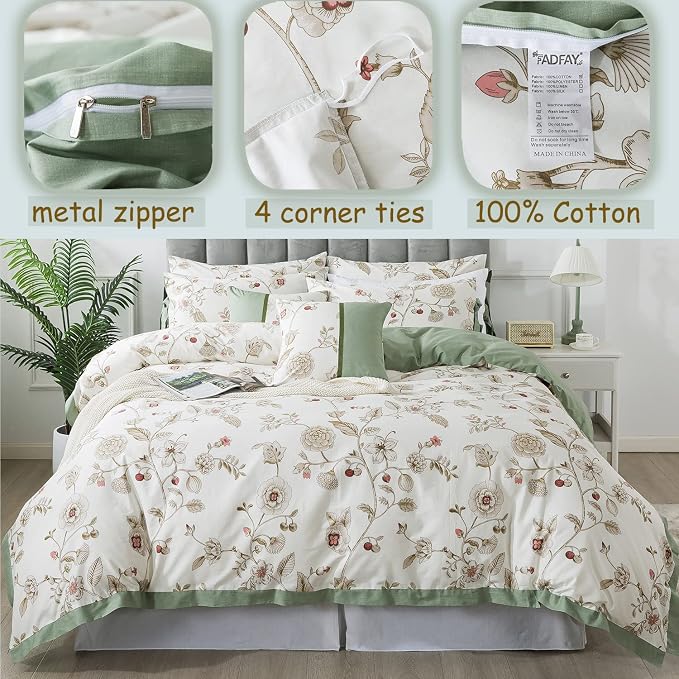 FADFAY Floral Bedding Set King/Cal King 100% Cotton Shabby and Chic Beige Green - Image 3