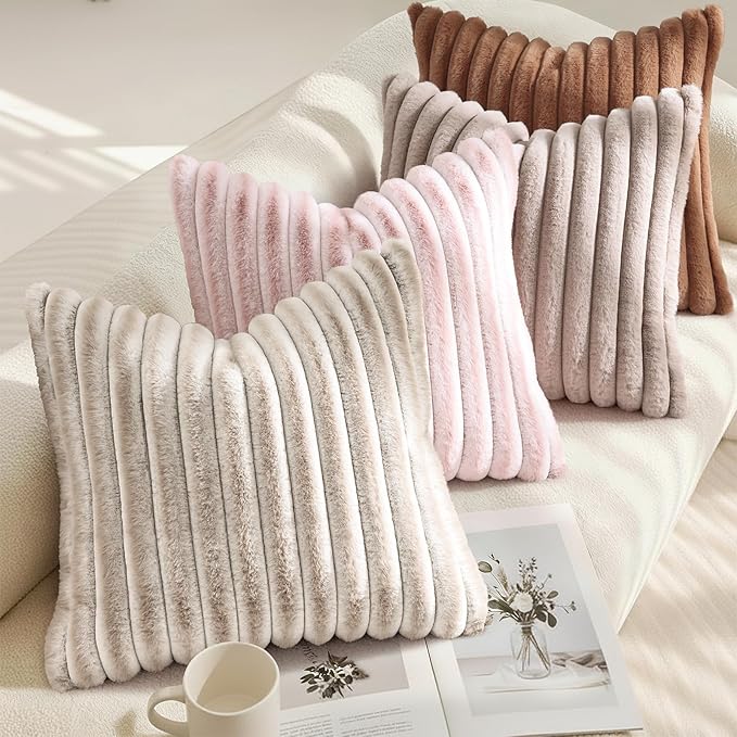 decorUhome Summer Cozy Faux Fur Throw Pillow Covers 24x24 Set of 2 Decorative - Image 4