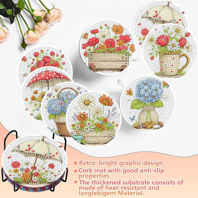 8 PCS Flowers Diamond Art Coasters Kits | Diamond Paintings Coasters - Image 4
