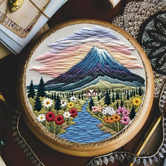 FONNUY Embroidery Kit for Beginners, Flower Hill Nature Landscape Pre-Stamped - Image 4