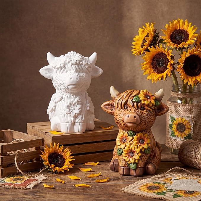 Hollowfly 2 Pack Ready to Paint Your Own Sunflower Highland Cow Statue Spring - Image 4