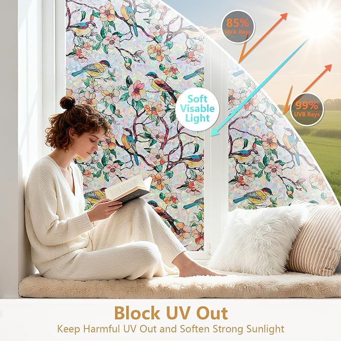 Kromapolis Window Privacy Film, Stained Glass Sticker Floral Window Clings - Image 4