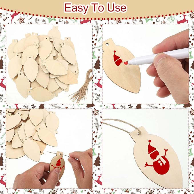 Queekay 50 Pcs Christmas Unfinished Wooden Light Bulb Wooden Slices Blank - Image 4