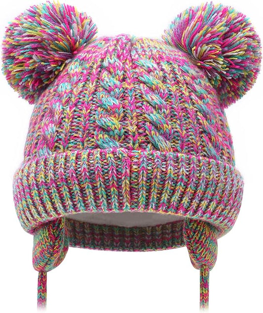 Duoyeree Toddler Winter Hat with Earflap Scarf Hood Thick Warm Kids Skull Cap for Baby Girls Boys