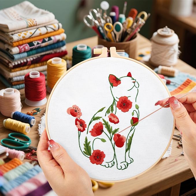 Crafmanoe Cat Embroidery Kits for Beginners Adults, Flowers Embroidery Starter - Image 7