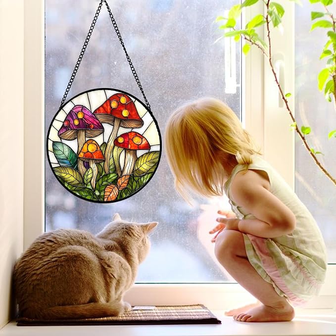 DASTOLL Stained Glass Window Hanging, Mushroom Leaves Suncatcher - Image 2