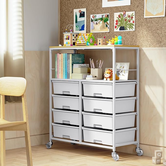 Rolling cart with 8 drawers, Storage drawer cart with wooden tabletop, Lockable - Image 7