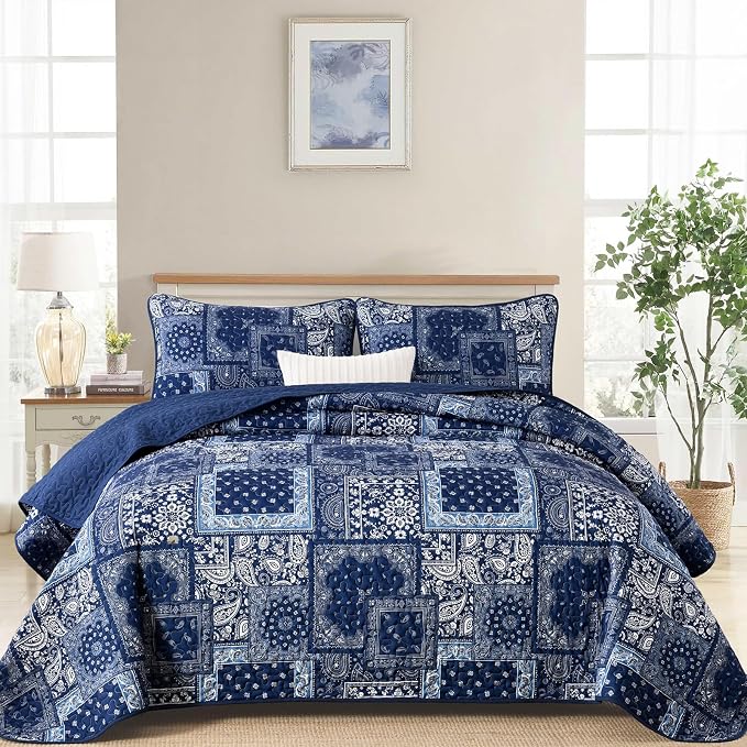Cottolester Blue Patchwork Quilt Set King Size, Boho Navy Blue Quilt Set by Cottolester