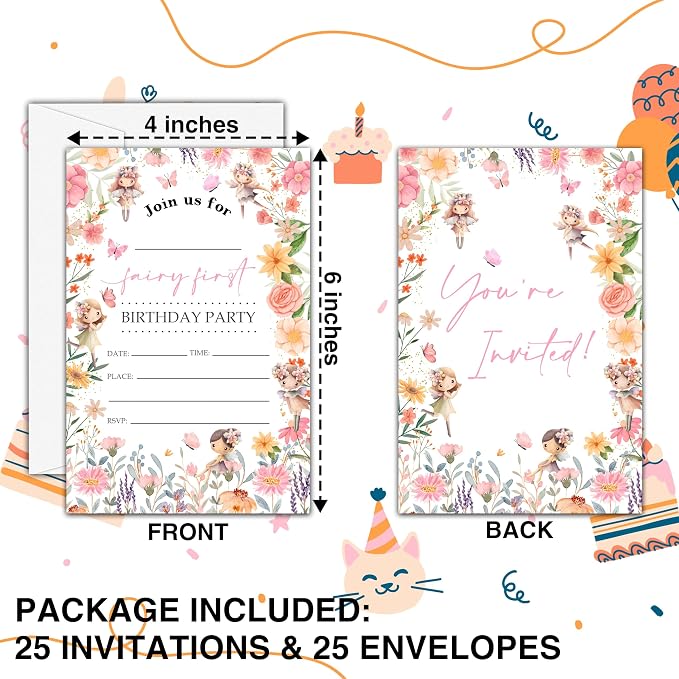 Fairy First Birthday Invitations, 25 Double-Sided Invitation Cards - Image 2