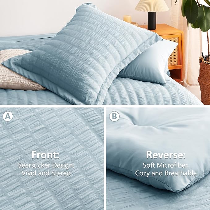 CozyLux Queen Comforter Set Light Blue Seersucker 7 Pieces Bed in a Bag Queen - Image 4