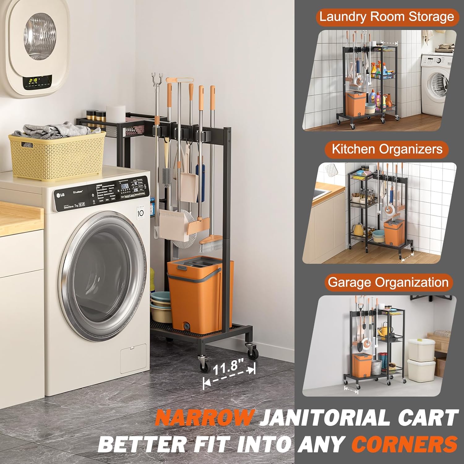 Broom Holder with Cleaning Supplies Organizer, Broom Closet Storage Cabinet with Cleaning Caddy, Cleaning Cart with Mop Hanger Gripper Rack Hooks,Janitorial Cart,Utility Carts Household Essentials