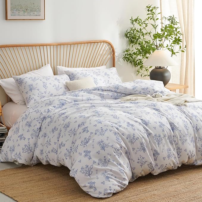 Nayoroom Blue Floral Duvet Cover Queen Size Cottagecore Flower Leaf Spring - Image 2