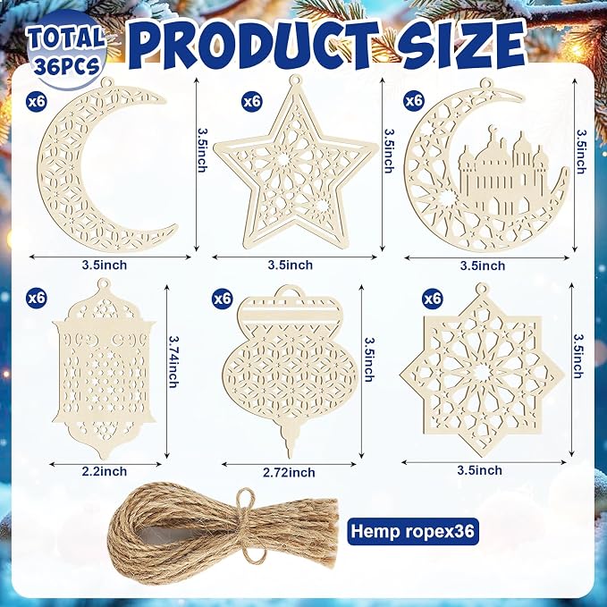 36PCS Wooden Ramadan Decorations Eid Islam Mubarak Ornaments Mubarak Hanging - Image 7