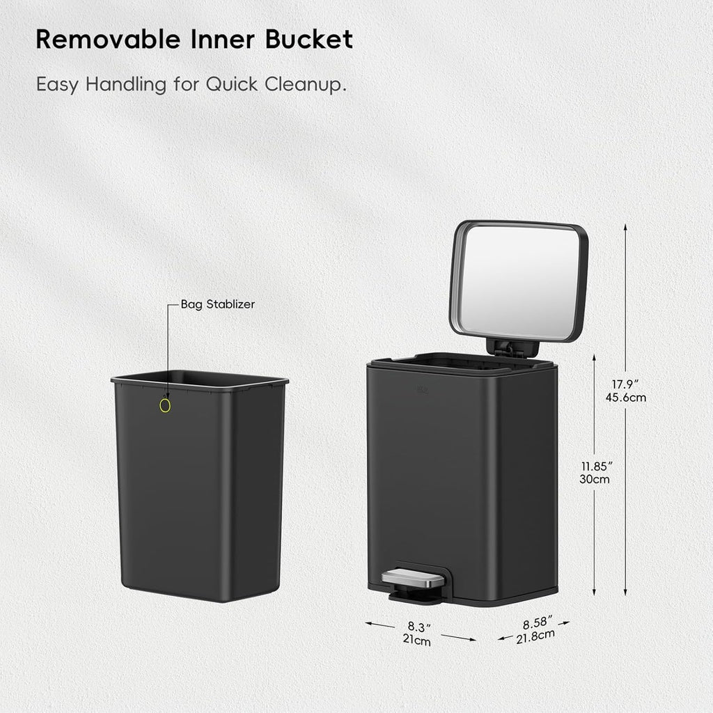 EKO Madison Matte Black 6L / 1.6 Gal Bathroom Trash Can with Lid and Removable Inner Basket, Rectangular Small Step Trash Can, Brushed Stainless Steel