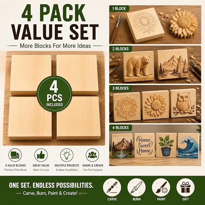 4 Pcs Solid Wood Blocks 4x4x1 Inch Unfinished Whittling Blocks - Image 8
