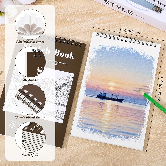 12 Pack Sketch Book, 5.5 x 8.5 Inch Sketchbook, 68lb/100gsm Top Spiral Bound - Image 2