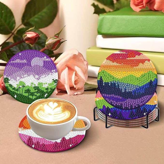 8 PCS Diamond Art Coasters Kits Moutain Sunset Diamond Painting Coaster | - Image 5