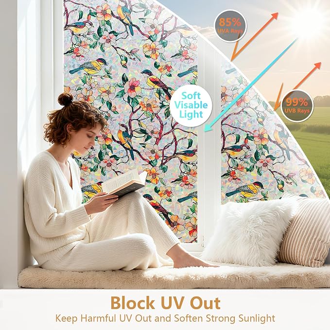 Kromapolis Window Privacy Film, Stained Glass Sticker Floral Window Clings - Image 6
