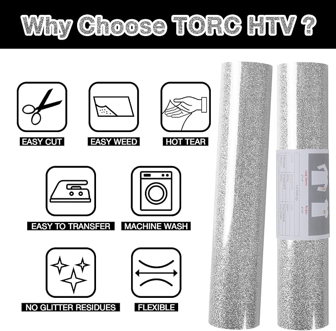 TORC Silver Glitter HTV Heat Transfer Vinyl Roll 12 inch x 20 ft Iron on Vinyl - Image 3