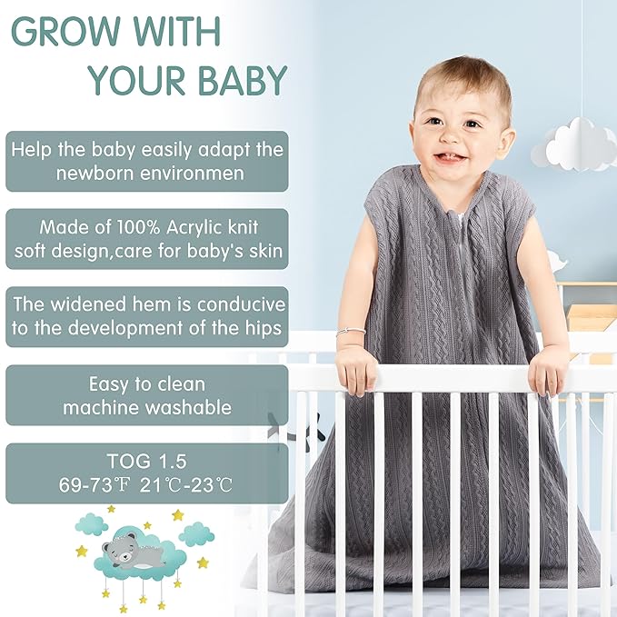 Baby Sleep Sack 12-18 Months, Baby Wearable Blanket 100% Acrylic knit 2-Way Zipper Toddler Sleeping Sack TOG 0.5 (Grey)