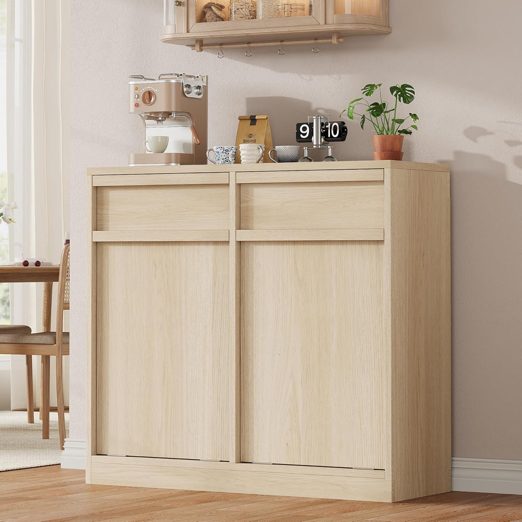 Double Tilt Out Trash Cabinet, Natural Wood Hidden Garbage Can Cabinet for 2 x 10 Gallon Bins, Modern Pet-Proof Trash Cabinets for Kitchen, Dining, Living Room Storage