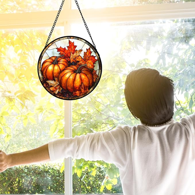 DASTOLL Stained Glass Window Hanging, Pumpkin Maple Leaf Suncatcher - Image 3