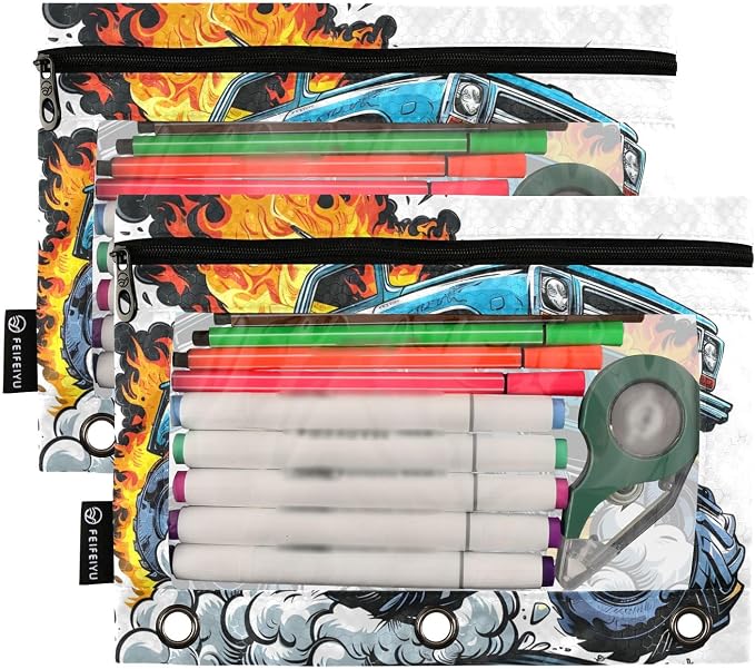 Truck Fire Pencil Pouch for 3 Ring Binder, 2 Pack Waterproof Pencil Bags Clear - Image 2